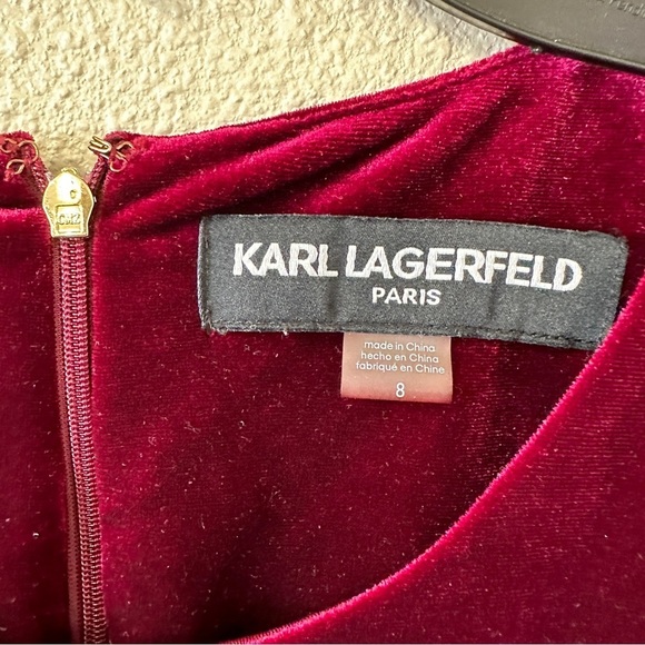 Karl Lagerfeld Velour Velvet Ruffle Hem Red Sheath Dress Sz 8 - Picture 5 of 14